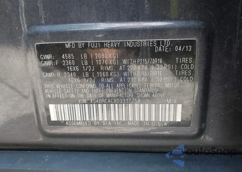 2013 Subaru Outback 2.5I z USA, uszkodzony, nr VIN 4S4BRCAC8D3317758